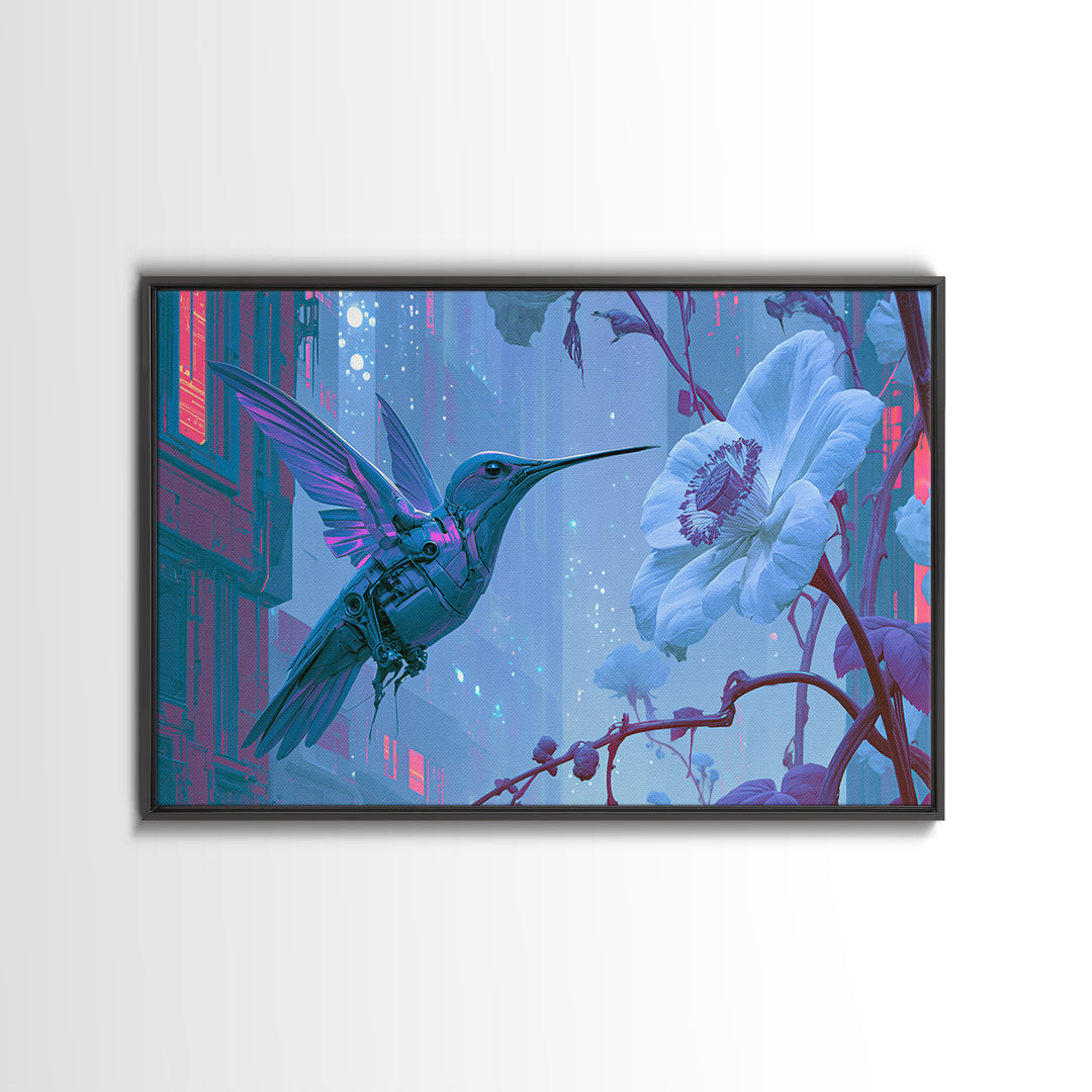 Mechanical Hummingbird Hovering Near Flower Canvas Print, Steampunk Art, Dark Art, Living Room Decor, Watercolor Art, Mechanic, STE-3x2-37