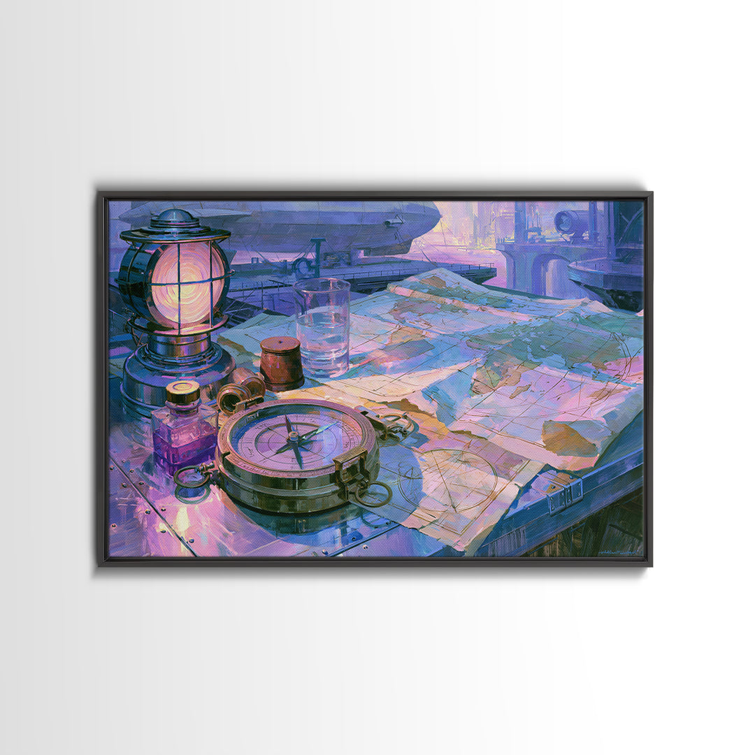 Airship Captain Map and Compass Still Life Canvas Print, Steampunk Art, Wall Art Living Room, Living Room Decor, Mechanic, STE-3x2-46