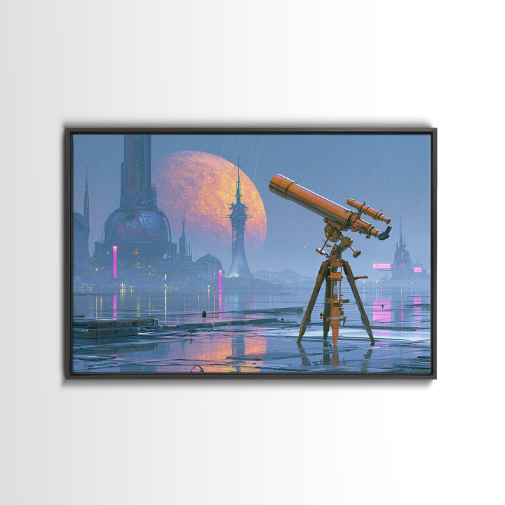 Brass Telescope Aimed at Copper Moon Canvas Print, Steampunk Art, Steampunk Lamp, Living Room Decor, Abstract Art, Mechanic, STE-3x2-52