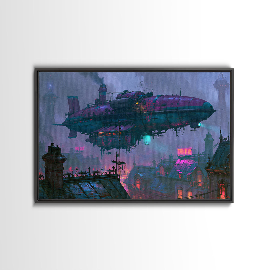 Airship Floating Above Victorian City Roofs Canvas Print, Steampunk Art, Modern Art, Living Room Decor, Fine Art, Mechanic, STE-3x2-54