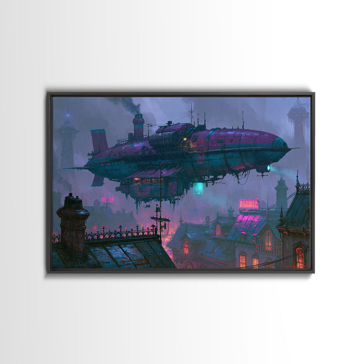 Airship Floating Above Victorian City Roofs Canvas Print, Steampunk Art, Modern Art, Living Room Decor, Fine Art, Mechanic, STE-3x2-54