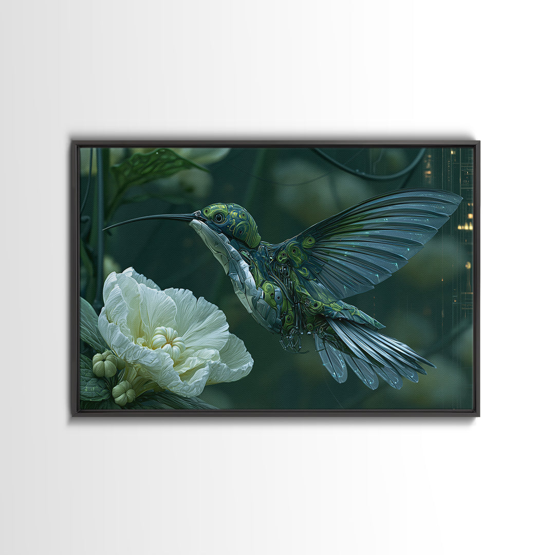 Mechanical Hummingbird Hovering Near Flower Canvas Print, Steampunk Art, Dark Art, Living Room Decor, Watercolor Art, Mechanic, STE-3x2-61