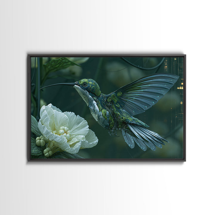 Mechanical Hummingbird Hovering Near Flower Canvas Print, Steampunk Art, Dark Art, Living Room Decor, Watercolor Art, Mechanic, STE-3x2-61