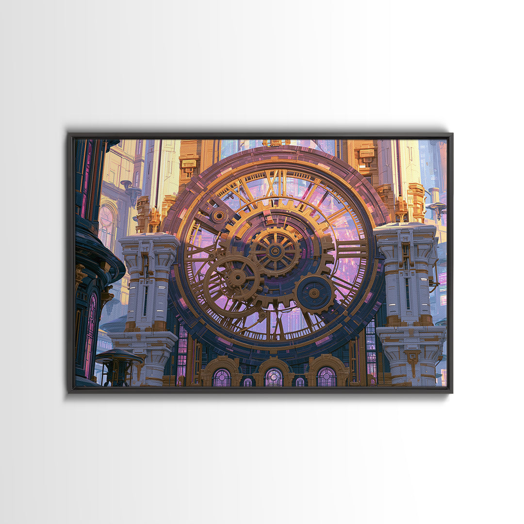 Clock Tower Gears Framed Canvas Print, Steampunk Art, Abstract Art Print, Living Room Decor, Watercolor Art, Mechanic, STE-3x2-65