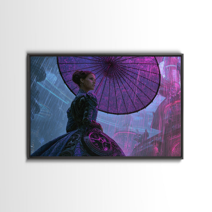 Victorian Lady with Clockwork Dress Details Framed Canvas Print, Steampunk Art, Gallery Decor, Living Room Decor, Mechanic, STE-3x2-69