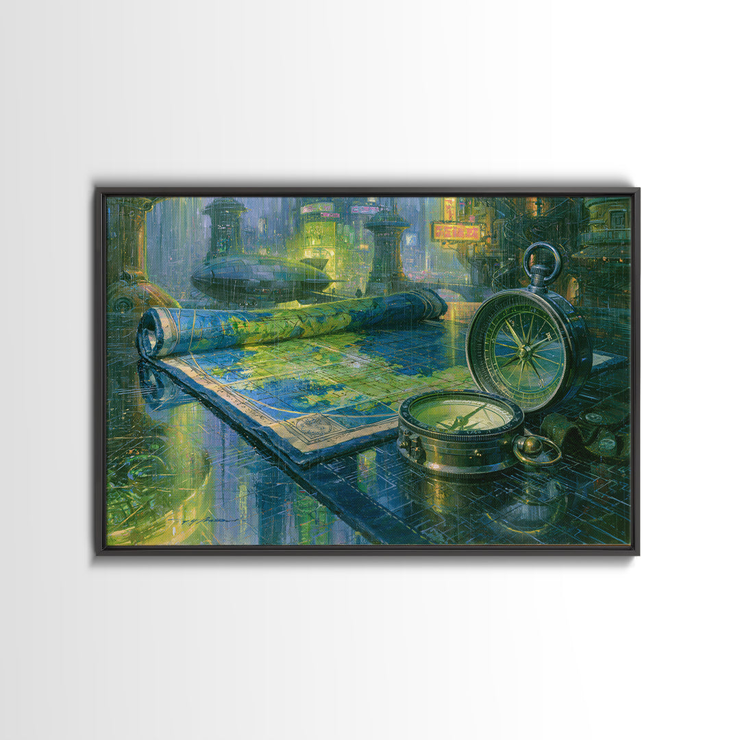 Airship Captain Map and Compass Still Life Canvas Print, Steampunk Art, Wall Art Living Room, Living Room Decor, Mechanic, STE-3x2-70