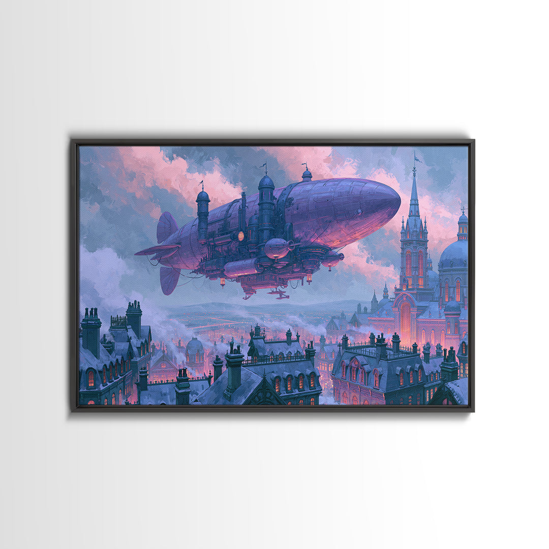 Airship Floating Above Victorian City Roofs Framed Canvas Print, Steampunk Art, Man Cave Decor, Living Room Decor, Mechanic, STE-3x2-78