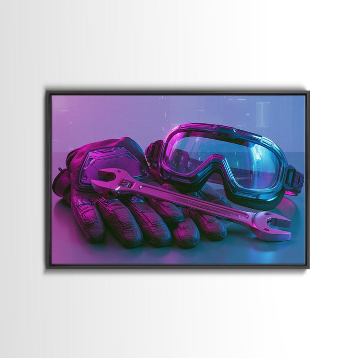 Goggles Gloves and Wrench Still Life Framed Canvas Print, Steampunk Art, Abstract Art, Living Room Decor, Fine Art, Mechanic, STE-3x2-99