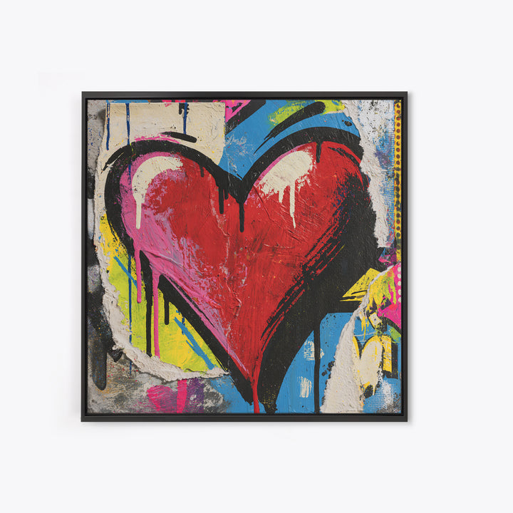 Neon Heart with Rough Drips Framed Canvas Print, Street Art, Abstract Art, Living Room Decor, Fine Art, Urban, Anime Art, STR-1x1-11