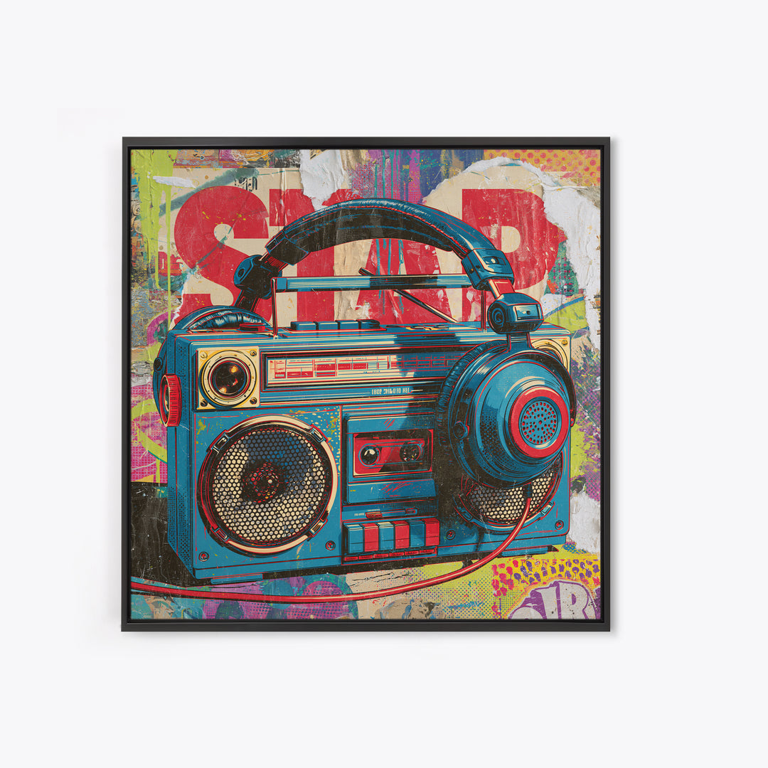 Boombox and Headphones Framed Canvas Print, Street Art, Textured Painting, Living Room Decor, Abstract Art, Urban, STR-1x1-33
