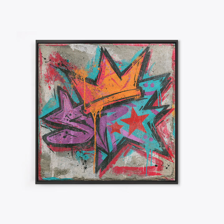 Drippy Crown and Stars Composition Framed Canvas Print, Street Art, Artwork, Living Room Decor, Fine Art, Urban, Pop Art, STR-1x1-44