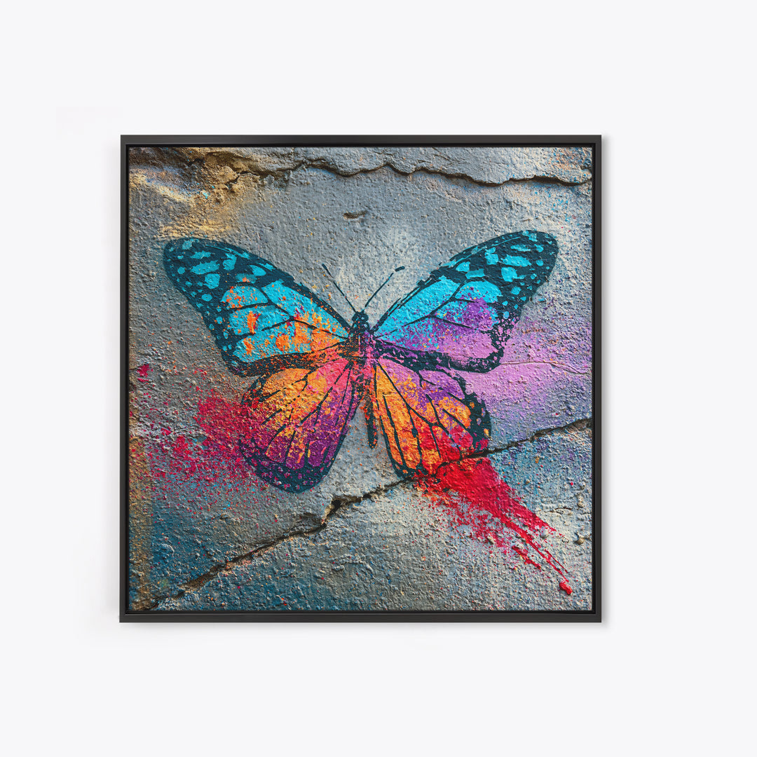 Spray Painted Butterfly on Cracked Concrete Framed Canvas Print, Street Art, Modern Wall Art, Living Room Decor, Urban, STR-1x1-47