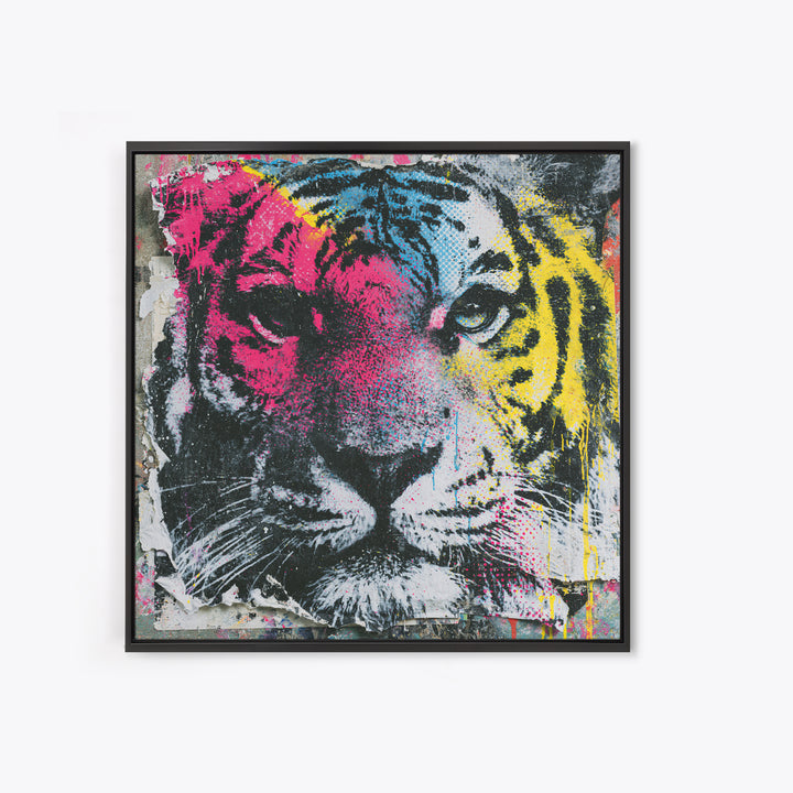 Spray Painted Tiger Face Framed Canvas Print, Street Art, Artwork, Living Room Decor, Fine Art, Urban, Pop Art, Banksy Wall Art, STR-1x1-56