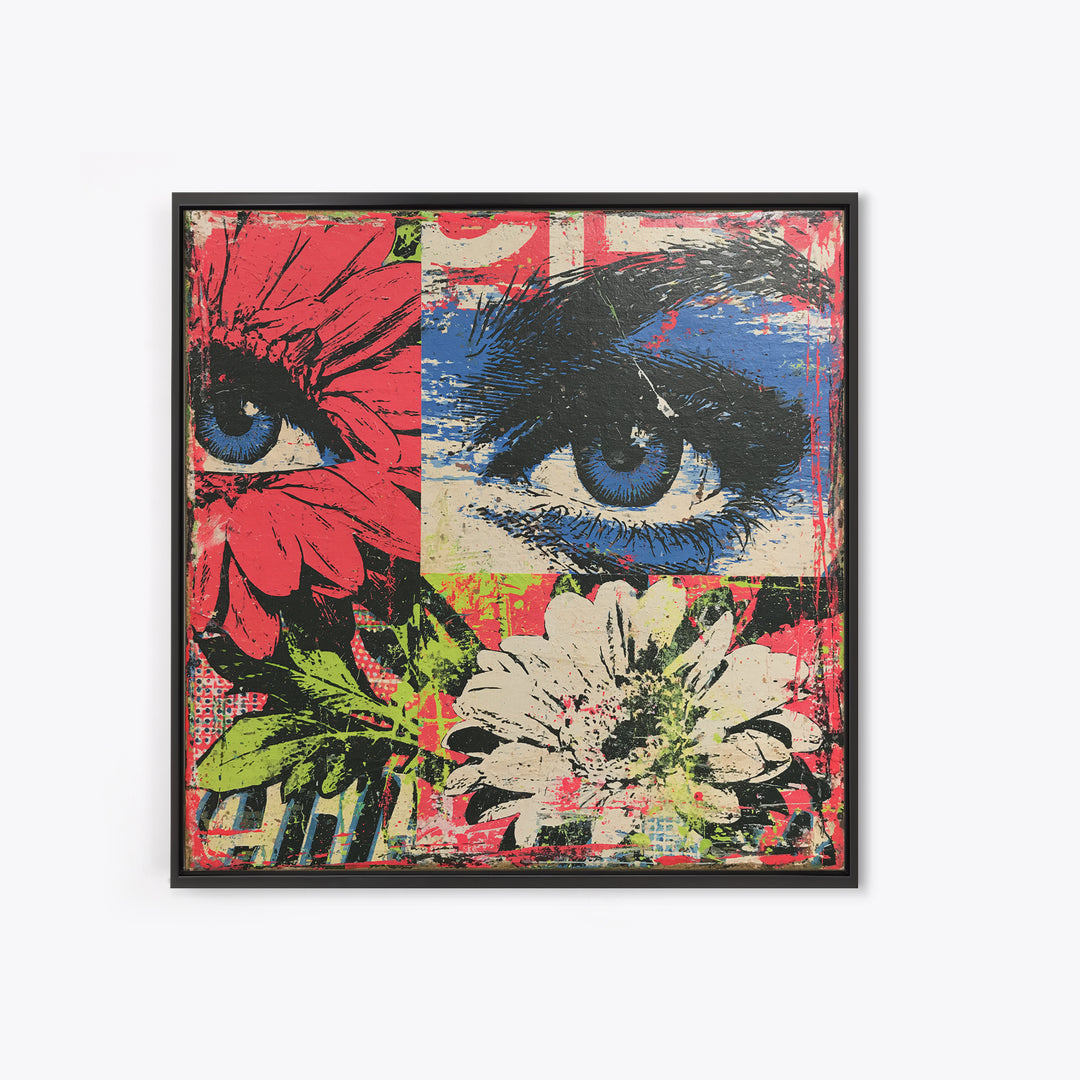 Paste Up Collage of Flowers and Eyes Framed Canvas Print, Street Art, Graffiti Art, Living Room Decor, Fine Art, Urban, STR-1x1-58