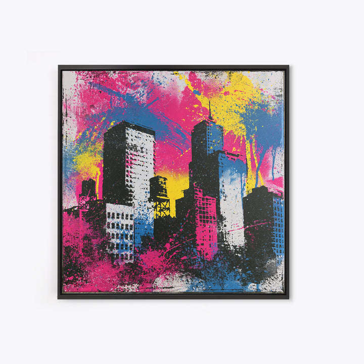 Urban Skyline Made from Stencil Layers Framed Canvas Print, Street Art, Gallery Decor, Living Room Decor, Fine Art, Urban, STR-1x1-62