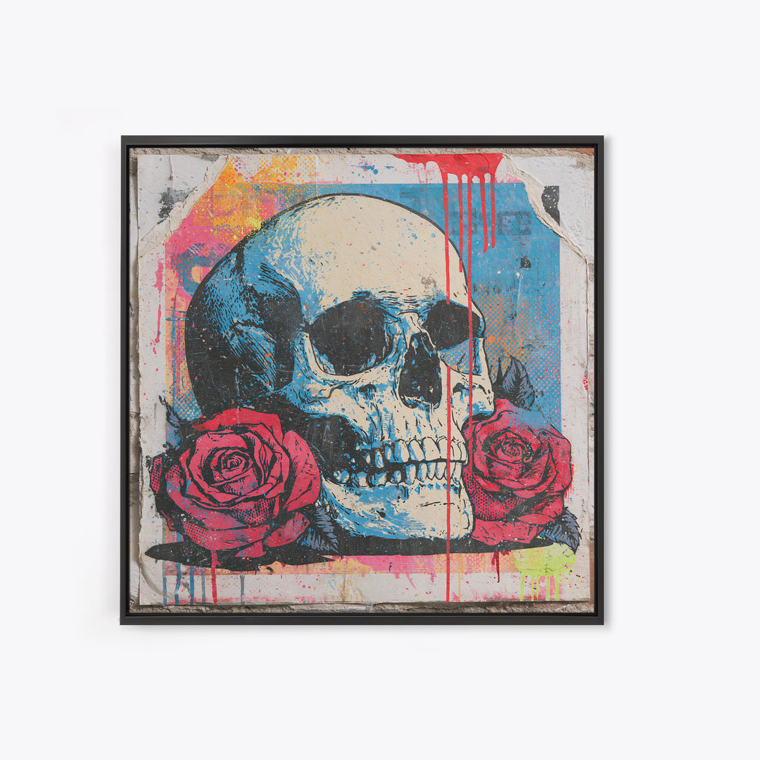 Skull with Roses in Street Mural Style Framed Canvas Print, Street Art, Abstract Painting, Living Room Decor, Fine Art, Urban, STR-1x1-64