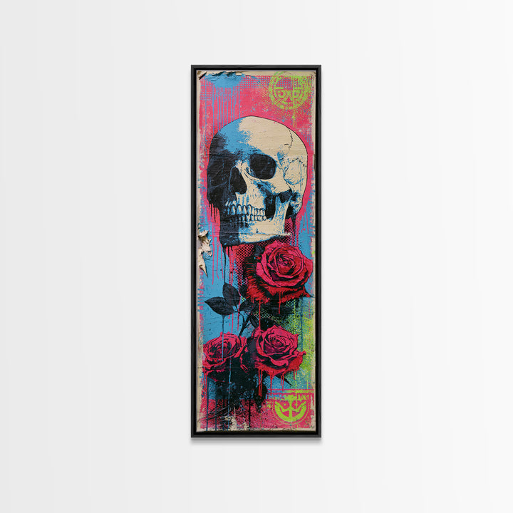 Skull with Roses in Street Mural Style Framed Canvas Print, Street Art, Large Wall Art, Living Room Decor, Fine Art, Urban, STR-1x3-52