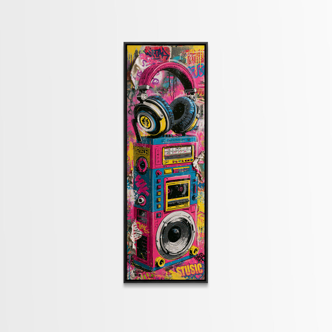 Boombox and Headphones Framed Canvas Print, Street Art, Wall Art, Living Room Decor, Oil Painting, Urban, Canvas Wall Art, STR-1x3-69