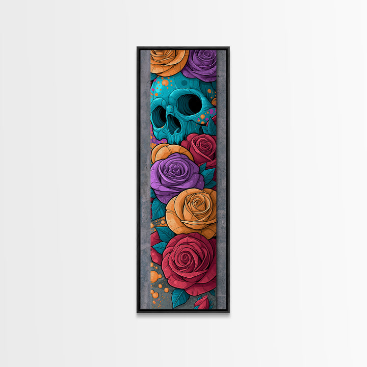 Skull with Roses in Street Mural Style Framed Canvas Print, Street Art, Bar Art, Living Room Decor, Oil Painting, Urban, STR-1x3-76