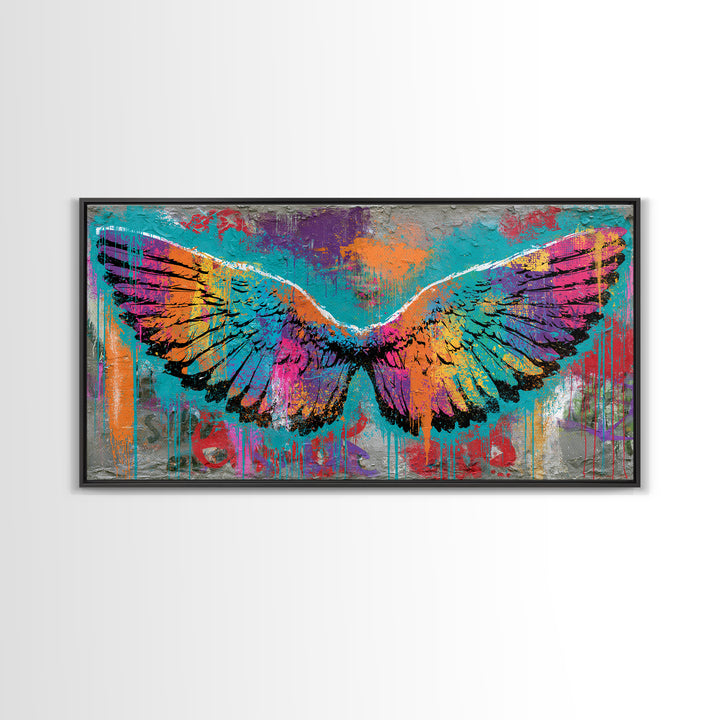 Graffiti Angel Wings Framed Canvas Print, Street Art, Canvas, Living Room Decor, Fine Art, Urban, Colorful Wall Art, Bar Art, STR-2x1-1
