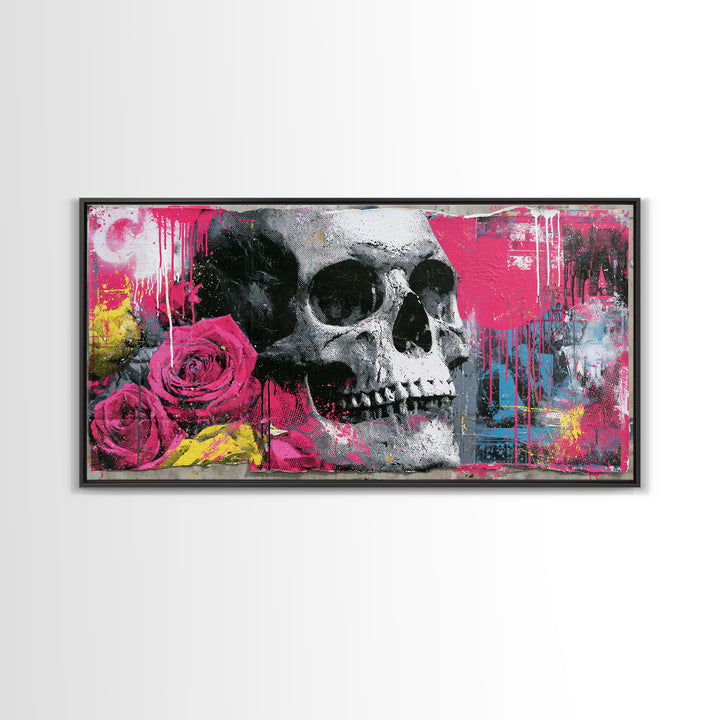 Skull with Roses in Street Mural Style Framed Canvas Print, Street Art, Art Print, Living Room Decor, Fine Art, Urban, STR-2x1-12