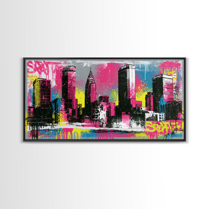 Urban Skyline Made from Stencil Layers Framed Canvas Print, Street Art, Minimalist Decor, Living Room Decor, Abstract Art, STR-2x1-34