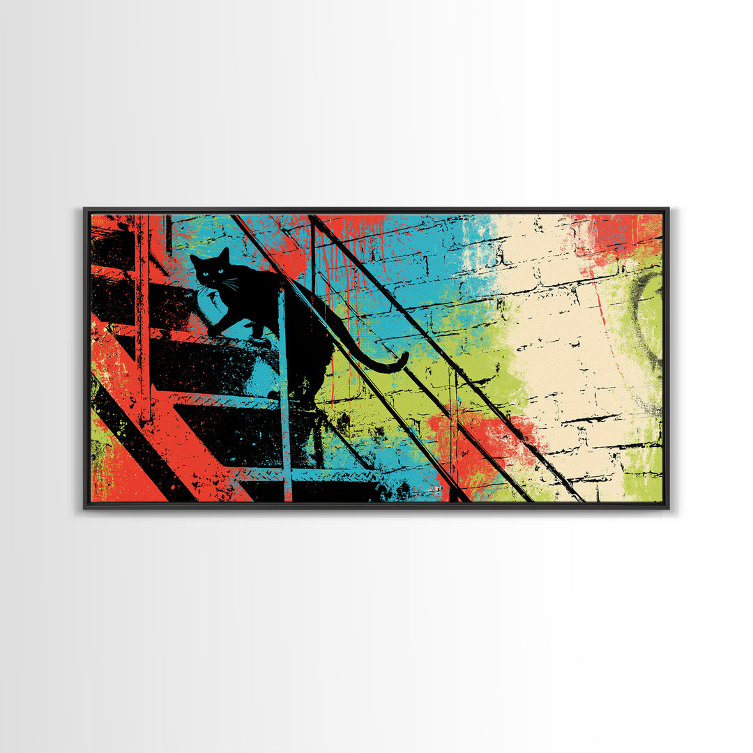 Black Cat on Fire Escape Silhouette Canvas Print, Street Art, Wall Hangings, Living Room Decor, Oil Painting, Urban, Modern Art, STR-2x1-39