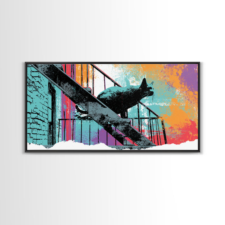 Black Cat on Fire Escape Silhouette Canvas Print, Street Art, Abstract Painting, Living Room Decor, Urban, Gallery Decor, STR-2x1-63