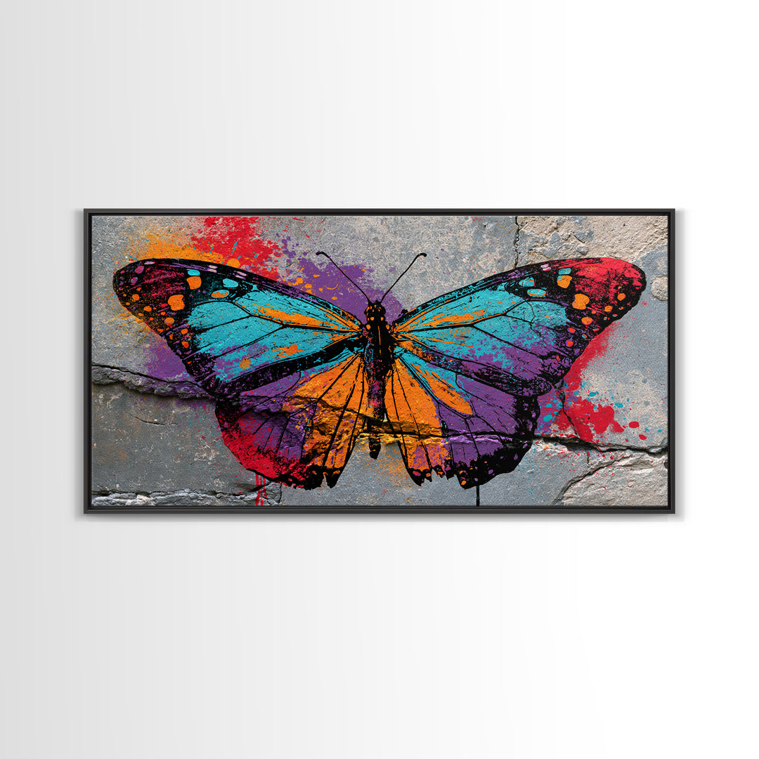 Spray Painted Butterfly on Cracked Concrete Framed Canvas Print, Street Art, Artwork, Living Room Decor, Fine Art, Urban, STR-2x1-91