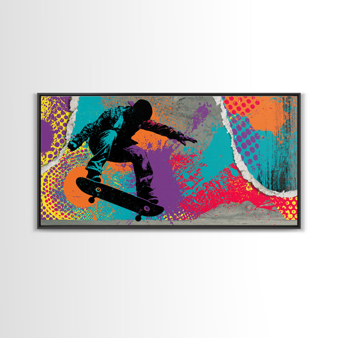 Skateboarder Silhouette over Neon Splashes Framed Canvas Print, Street Art, Neutral Decor, Living Room Decor, Fine Art, Urban, STR-2x1-95