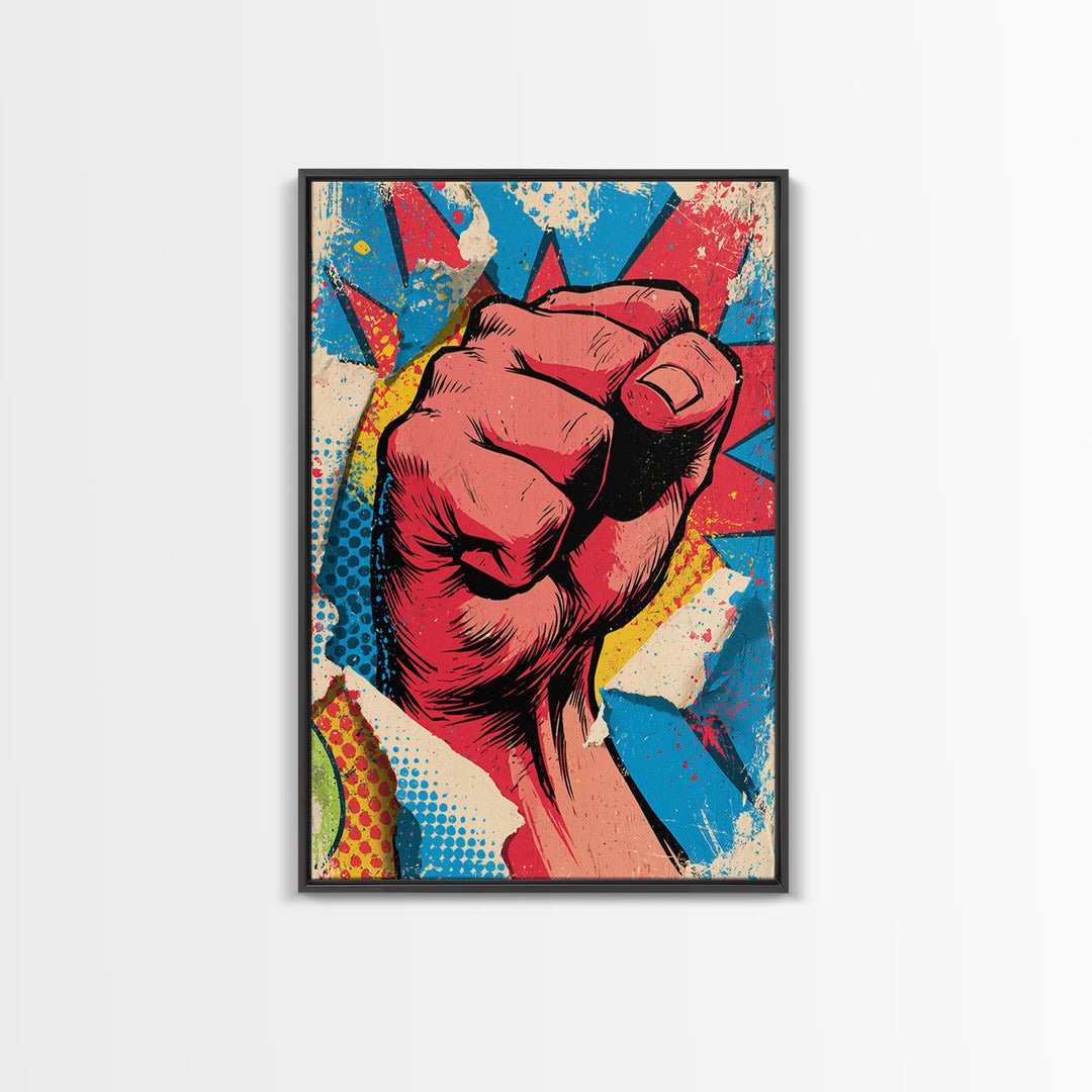 Comic Fist Breaking Through Color Framed Canvas Print, Street Art, Wall Hangings, Living Room Decor, Oil Painting, Urban, STR-2x3-21