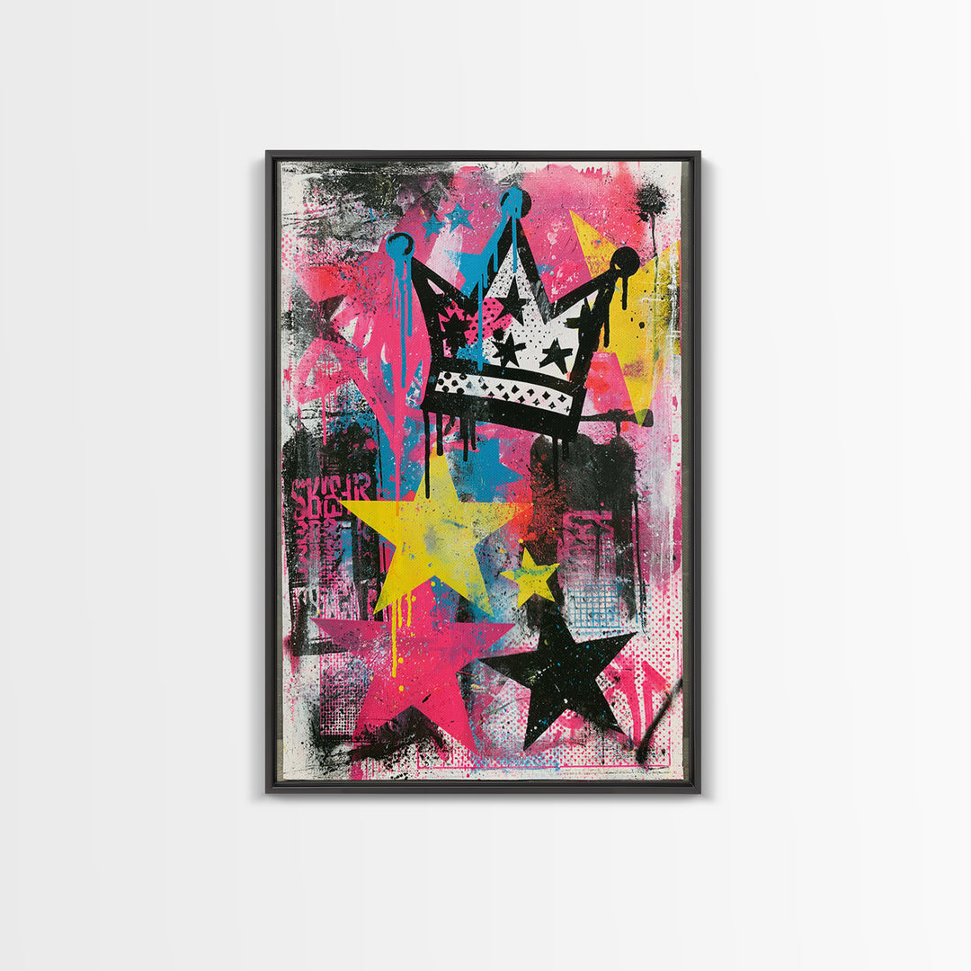 Drippy Crown and Stars Composition Framed Canvas Print, Street Art, Canvas Painting, Living Room Decor, Fine Art, Urban, STR-2x3-28