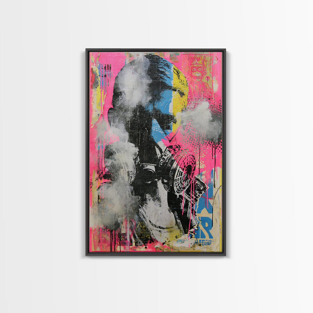 Masked Figure Surrounded by Aerosol Clouds Framed Canvas Print, Street Art, Luxury Decor, Living Room Decor, Fine Art, Urban, STR-2x3-44