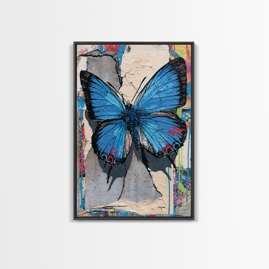 Spray Painted Butterfly on Cracked Concrete Framed Canvas Print, Street Art, Canvas, Living Room Decor, Fine Art, Urban, STR-2x3-55