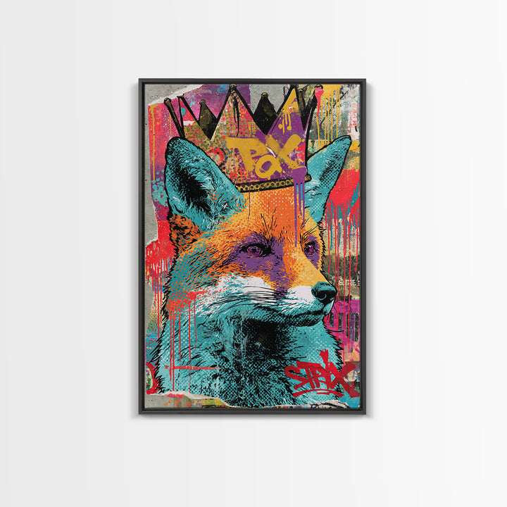 Urban Fox Wearing a Crown of Spray Canvas Print, Street Art, Artwork, Living Room Decor, Urban, Pop Art, Banksy Wall Art, STR-2x3-58