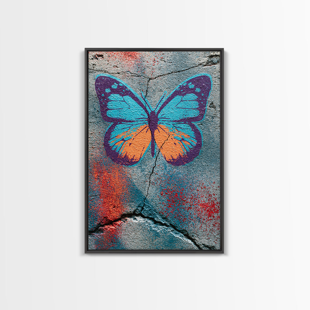 Spray Painted Butterfly on Cracked Concrete Canvas Print, Street Art, Abstract Art, Living Room Decor, Fine Art, Urban, STR-2x3-79