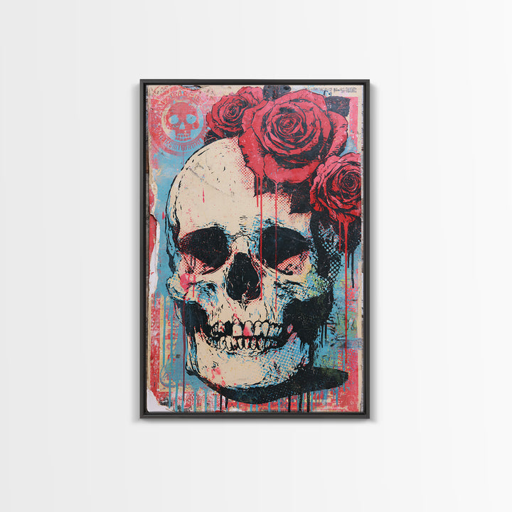 Skull with Roses in Street Mural Style Canvas Print, Street Art, Abstract Painting, Living Room Decor, Fine Art, Urban, STR-2x3-96