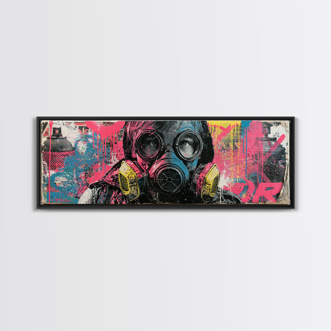 Masked Figure Surrounded by Aerosol Clouds Canvas Print, Street Art, Textured Painting, Living Room Decor, Fine Art, Urban, STR-3x1-100