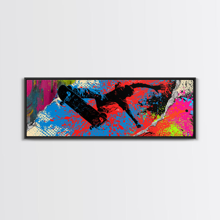 Skateboarder Silhouette over Neon Splashes Canvas Print, Street Art, Custom Portrait, Living Room Decor, Fine Art, Urban, STR-3x1-43