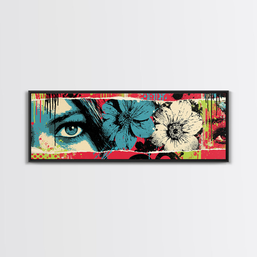 Paste Up Collage of Flowers and Eyes Framed Canvas Print, Street Art, Bar Art, Living Room Decor, Urban, Fine Art Print, STR-3x1-74