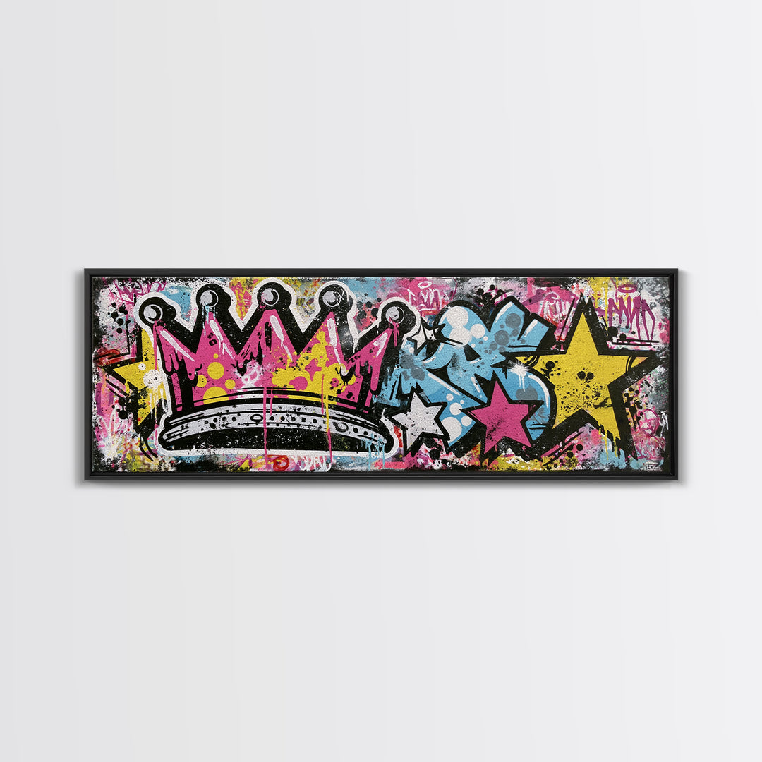 Drippy Crown and Stars Composition Framed Canvas Print, Street Art, Painting, Living Room Decor, Urban, Abstract Painting, STR-3x1-84