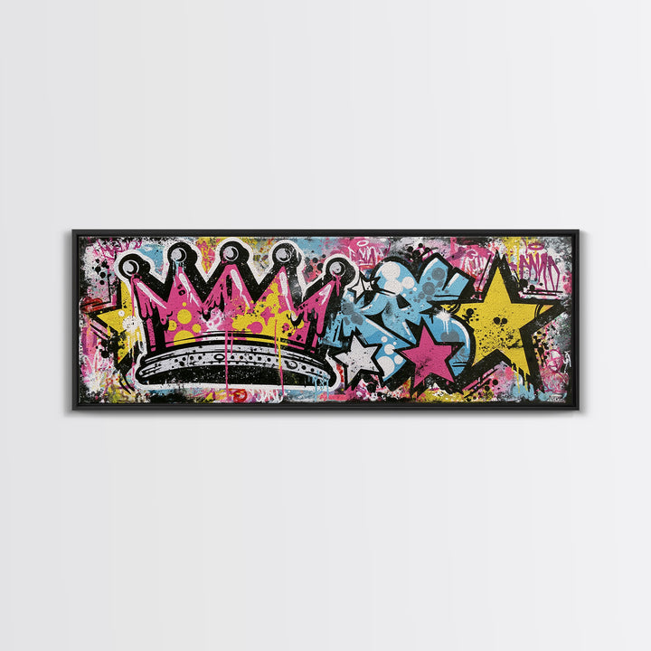 Drippy Crown and Stars Composition Framed Canvas Print, Street Art, Painting, Living Room Decor, Urban, Abstract Painting, STR-3x1-84