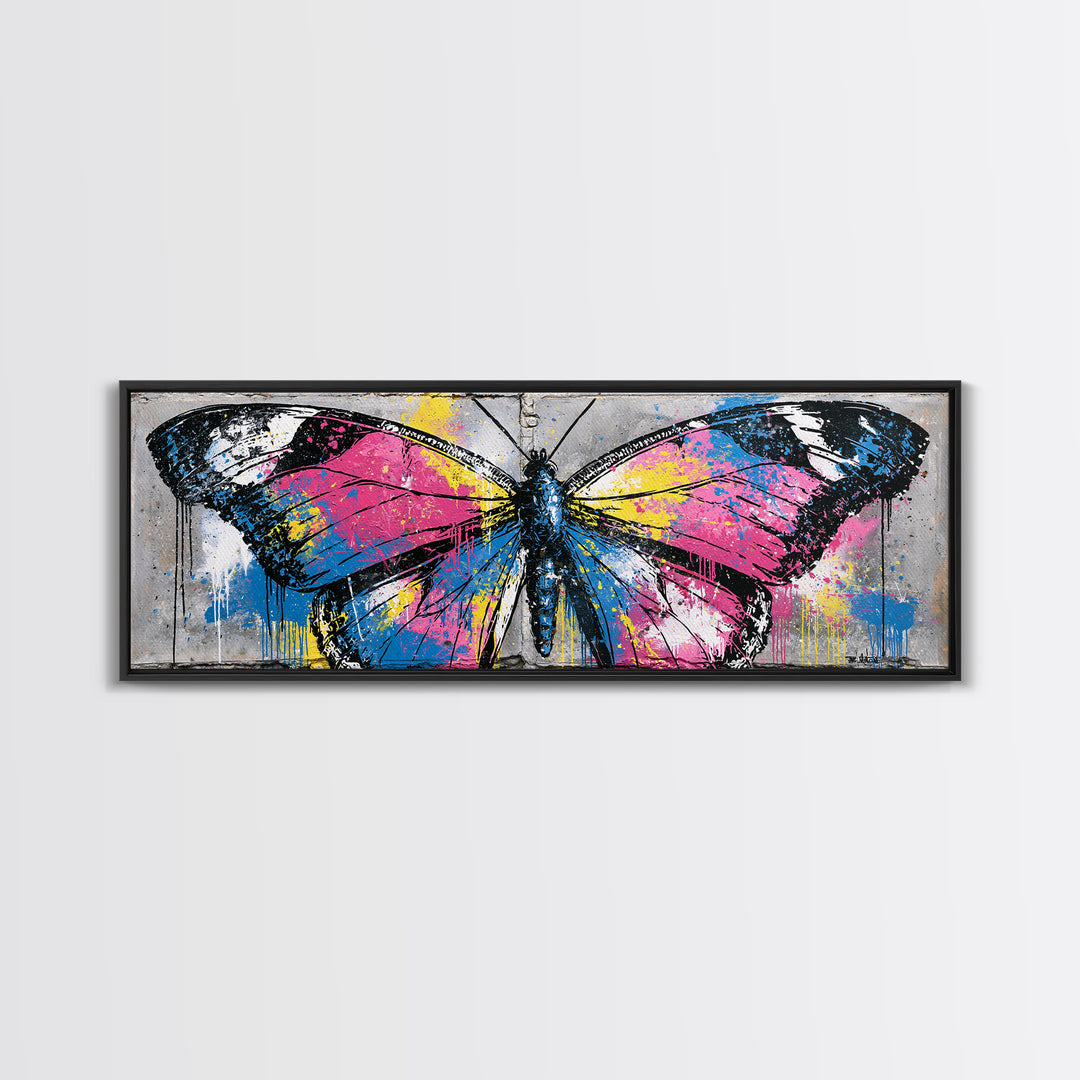 Spray Painted Butterfly on Cracked Concrete Framed Canvas Print, Street Art, Artwork, Living Room Decor, Fine Art, Urban, STR-3x1-87