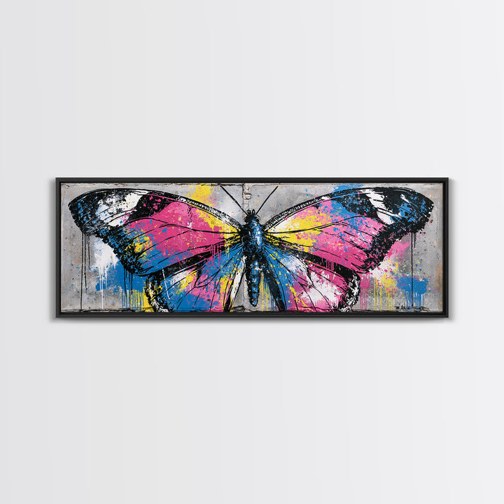 Spray Painted Butterfly on Cracked Concrete Framed Canvas Print, Street Art, Artwork, Living Room Decor, Fine Art, Urban, STR-3x1-87