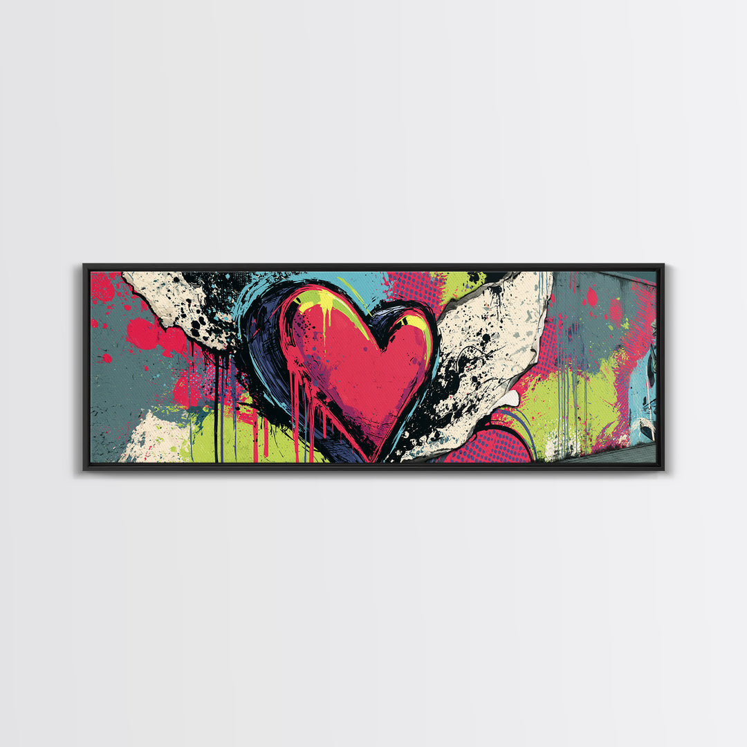 Neon Heart with Rough Drips Framed Canvas Print, Street Art, Canvas, Living Room Decor, Fine Art, Urban, Colorful Wall Art, STR-3x1-99