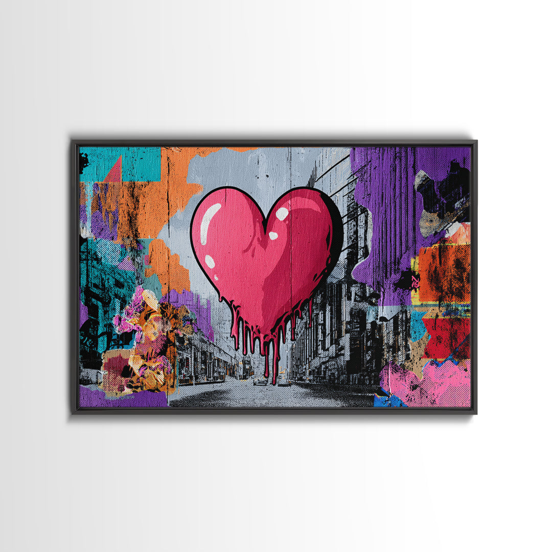 Neon Heart with Rough Drips Framed Canvas Print, Street Art, Minimalist Decor, Living Room Decor, Fine Art, Urban, Original Art, STR-3x2-39
