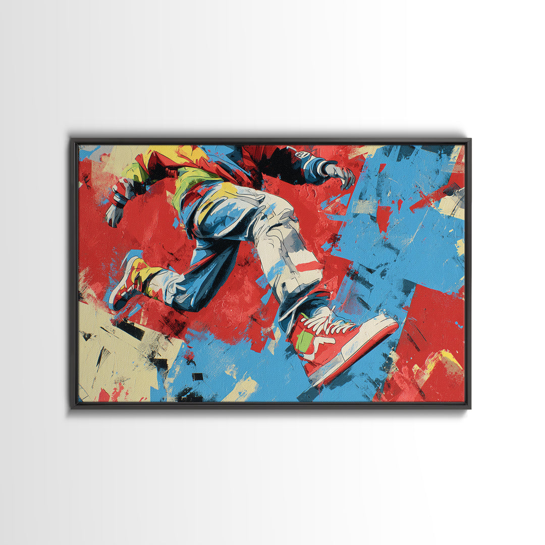 Breakdancer Frozen in Energetic Motion Framed Canvas Print, Street Art, Colorful Wall Art, Living Room Decor, Fine Art, Urban, STR-3x2-46