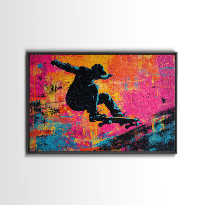 Skateboarder Silhouette over Neon Splashes Framed Canvas Print, Street Art, Original Art, Living Room Decor, Abstract Art, STR-3x2-7