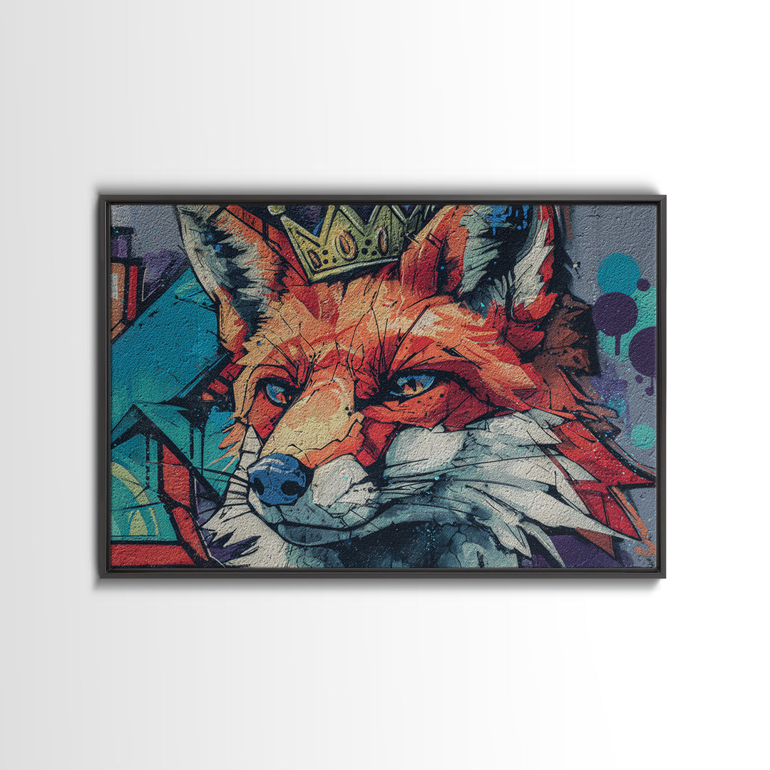 Urban Fox Wearing a Crown of Spray Framed Canvas Print, Street Art, Contemporary Art, Living Room Decor, Fine Art, Urban, STR-3x2-78