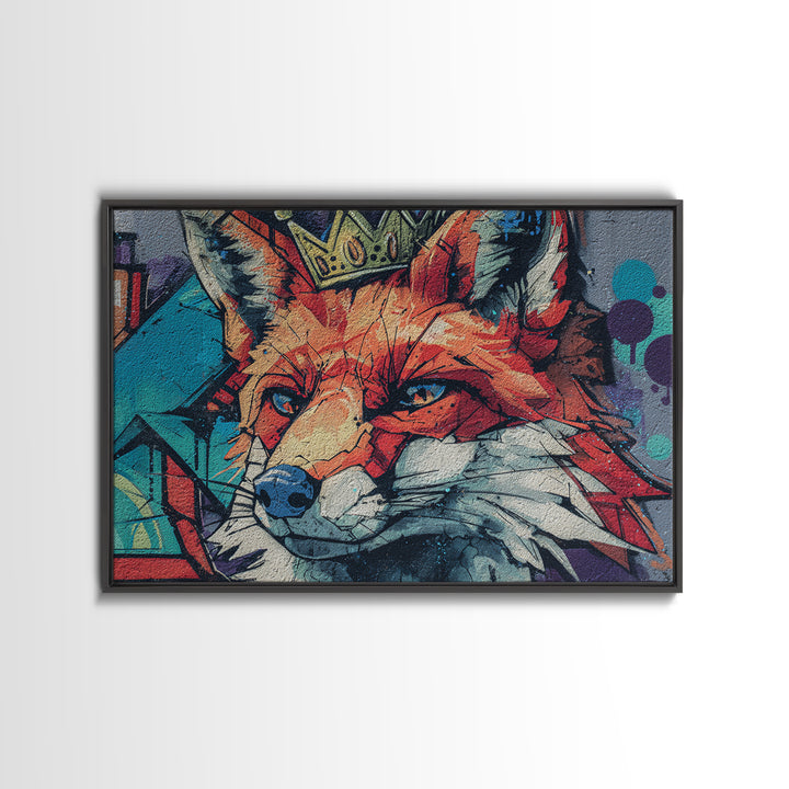 Urban Fox Wearing a Crown of Spray Framed Canvas Print, Street Art, Contemporary Art, Living Room Decor, Fine Art, Urban, STR-3x2-78